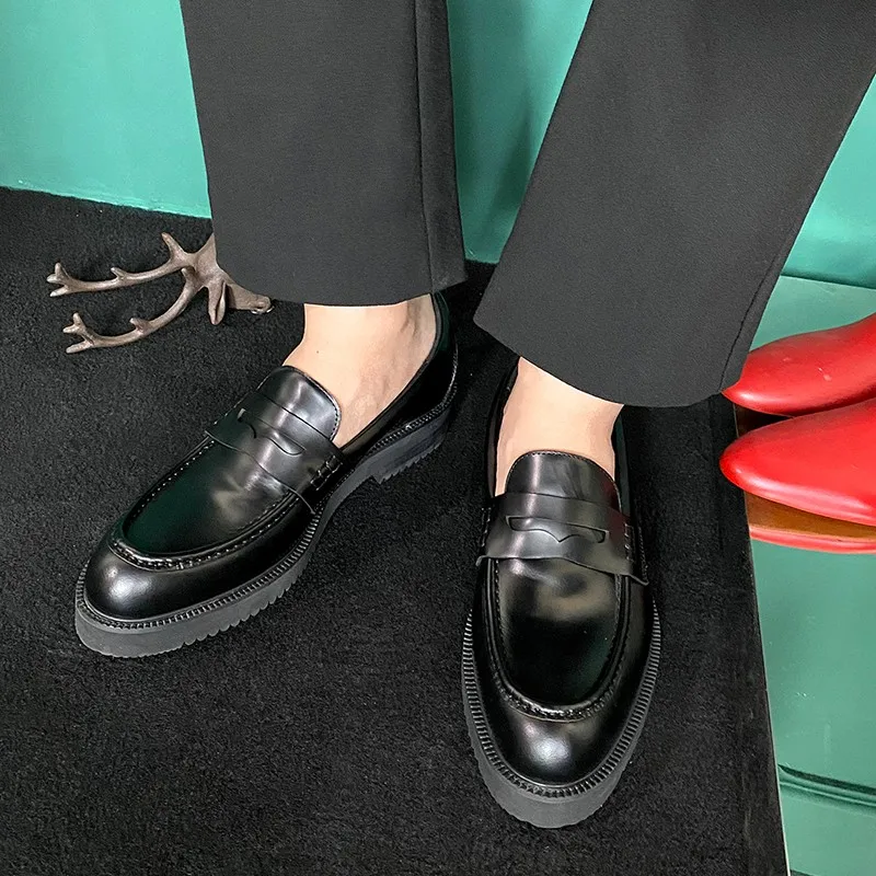 JINIWU 2026 Autumn Winter Men Slip-on Leather Shoes, Handmade Open Edge Cowhide Fashion Elevator Pointed Toe Loafers for Men