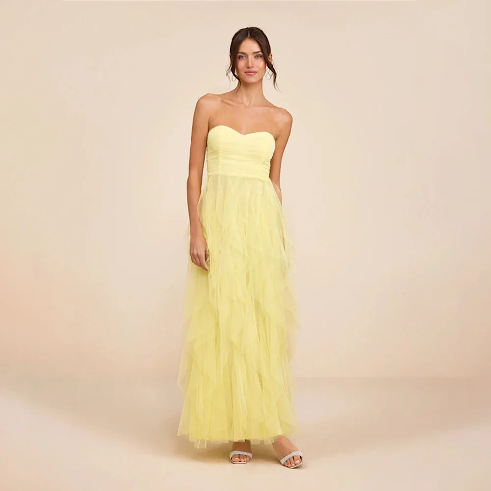 

Women's Formal Evening Gowns Strapless Pleated Tulle Sleeveless Luxury Evening Dresses Elegant Straight Prom Gown Party Dress