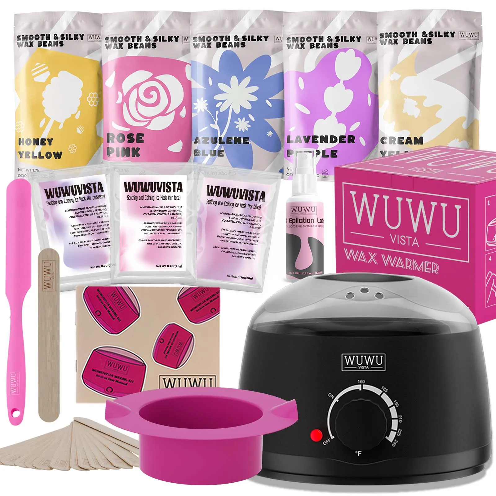 

Waxing Kit WUWUVISTA Hair Removal Wax Kit Wax Melt Warmer Waxing Beads Face/Brazilian/Full Body/Bikini/Sensitiive skin(23 items)