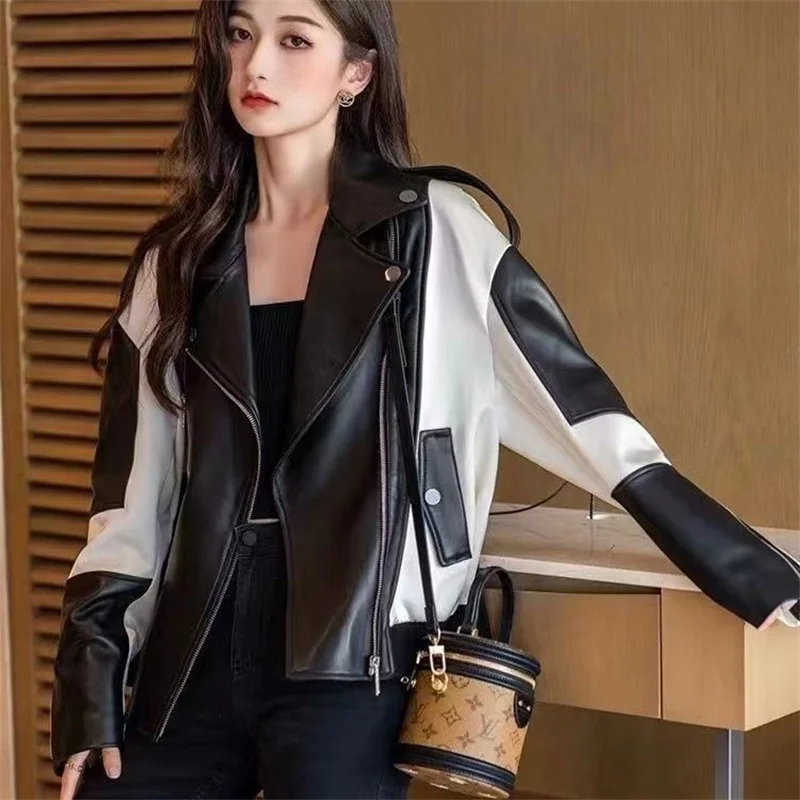 Fashion Leather Coat Women\'s Spring Autumn Sheepskin Short Jacket Motorcycle Jacket Casual Slim Design Splicing Ladies\' Jacket