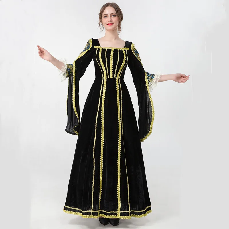 Palace Victoria Medieval Costume Women Cosplay Princess Velvet Flare Sleeve Party Long Robe Dress