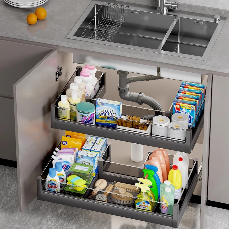 Kitchen Sink Cabinet Pull Basket Open Door Aluminum Alloy Pull Storage Basket Bathroom Lower Sink U-shaped Shelf