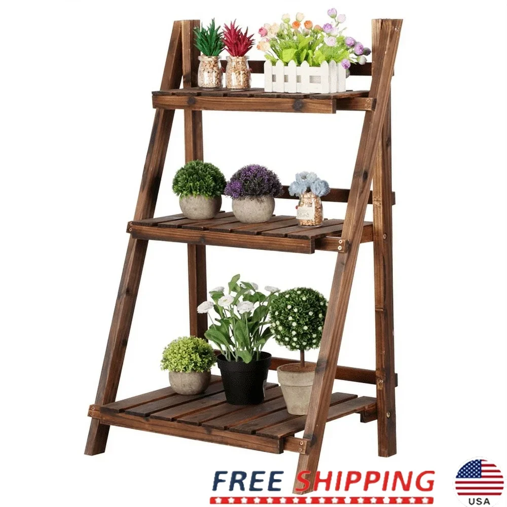 

3-Tier Wooden Metal Flower Stand Foldable Plant Rack Storage Shelf Easy Setup Indoor Outdoor Use Durable Low Maintenance