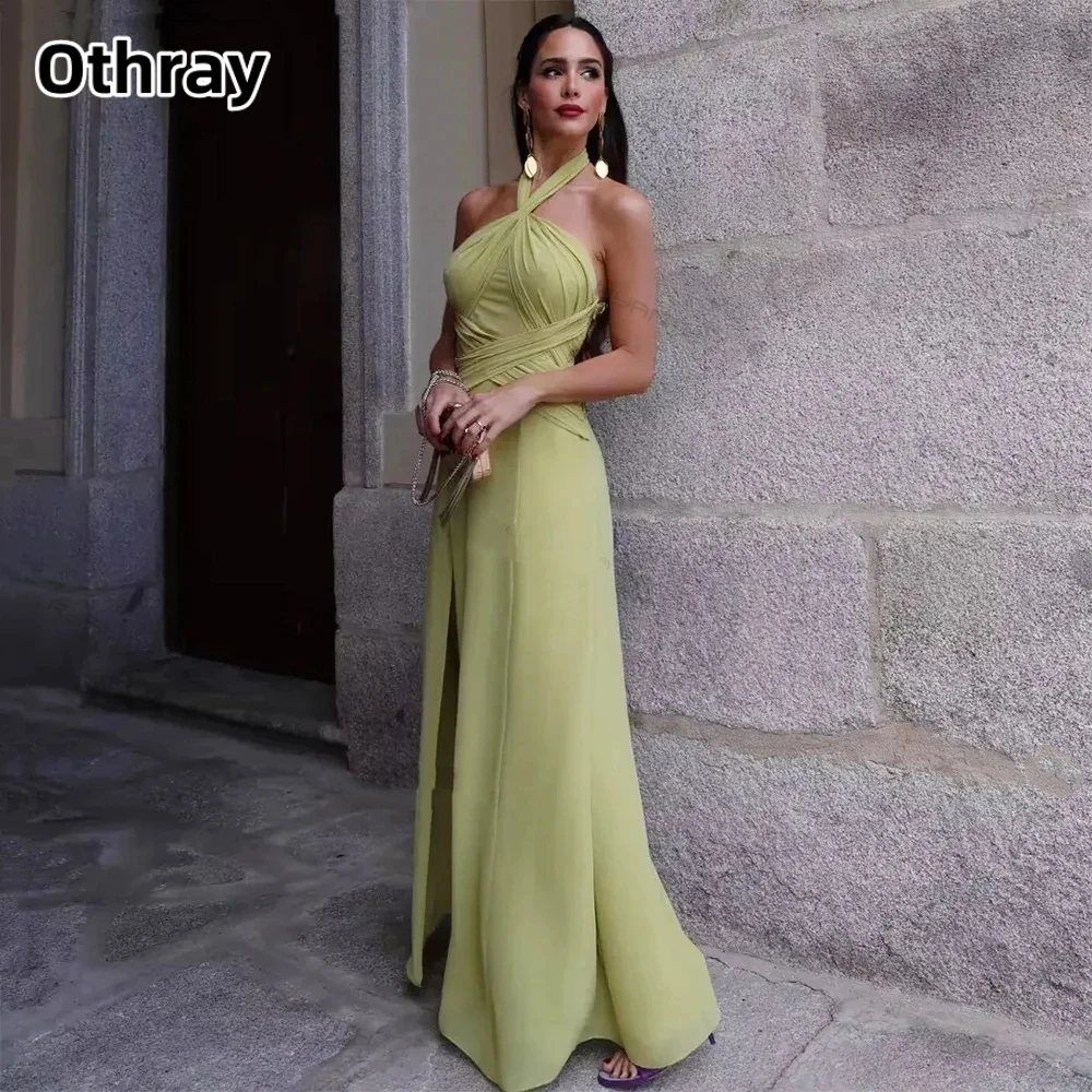 

Othray Halter Prom Dress Sleeveless Floor Length Evening Dress Women Holiday Style Sexy Open Back Long Dress Split Midi Dress