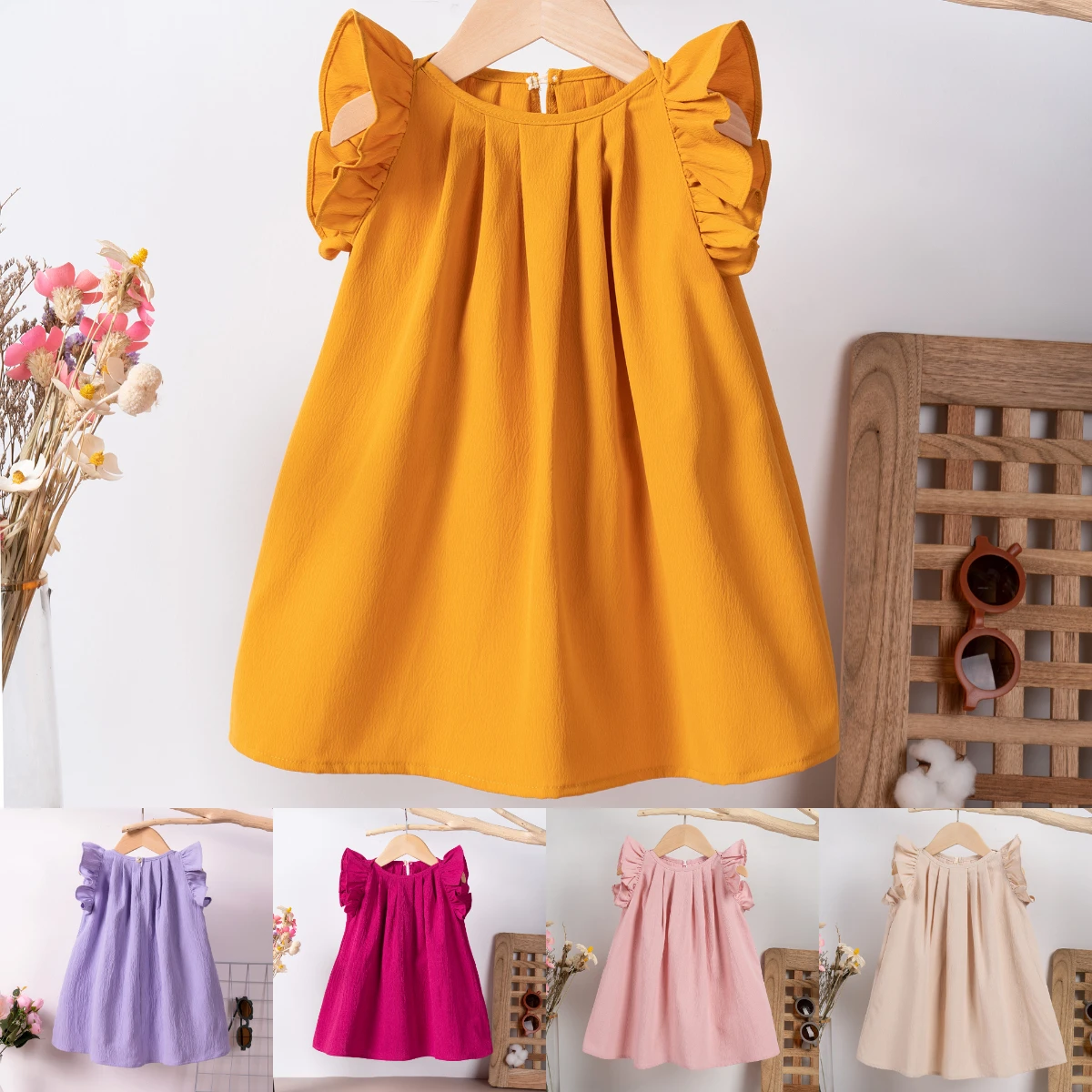 Toddler Girl Ruffle Sleeveless Dress, Solid Flared Hem Princess Party Dress, Elegant Vintage Casual Sundress for Baby Girls 1-6Y
