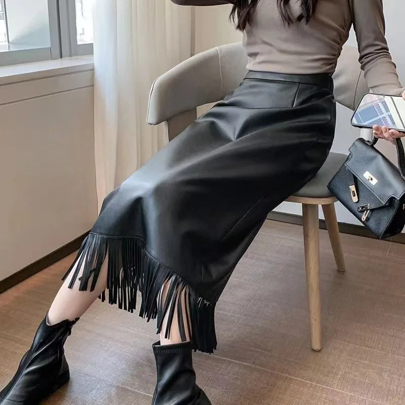 2024 Spring Tassel Leather Skirt New Autumn Elastic High Waist Women PU Leather Skirts Lady Korean All-match Package Hip Skirks