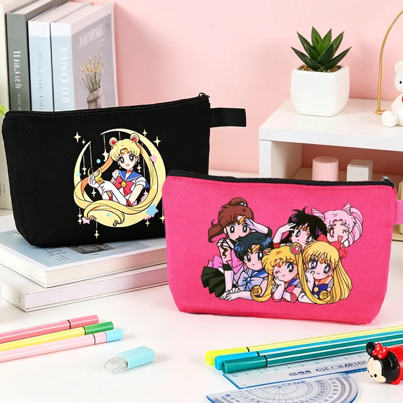 Sailor Moons Canvas Makeup Bag Women Cute Anime Figure Multicolored Pencil Case Zipper Hand-carried Finishing Storage Bags Gift