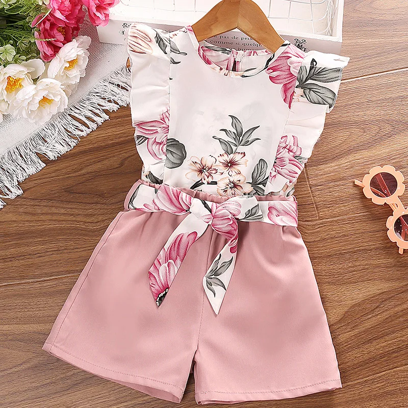 Baby Girl clothing suit summer floral print ruffled edge sleeveless top shorts 2-piece sweet children's clothing