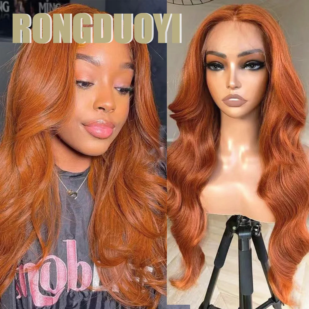 RONGDUOYI Ginger Orange Body Wave Heat Fiber Wig Middle Part Loose Wavy Synthetic Lace Front Wigs Cospley Makeup Use Ginger Hair