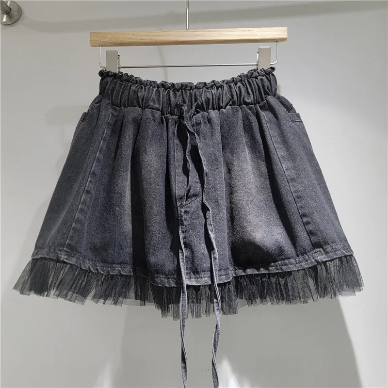Mesh Patchwork Denim Skirts for Women Korean Style Retro Elastic Waist Lace Up A-Line Skirt 2026 Summer New Trend Mini Skirts