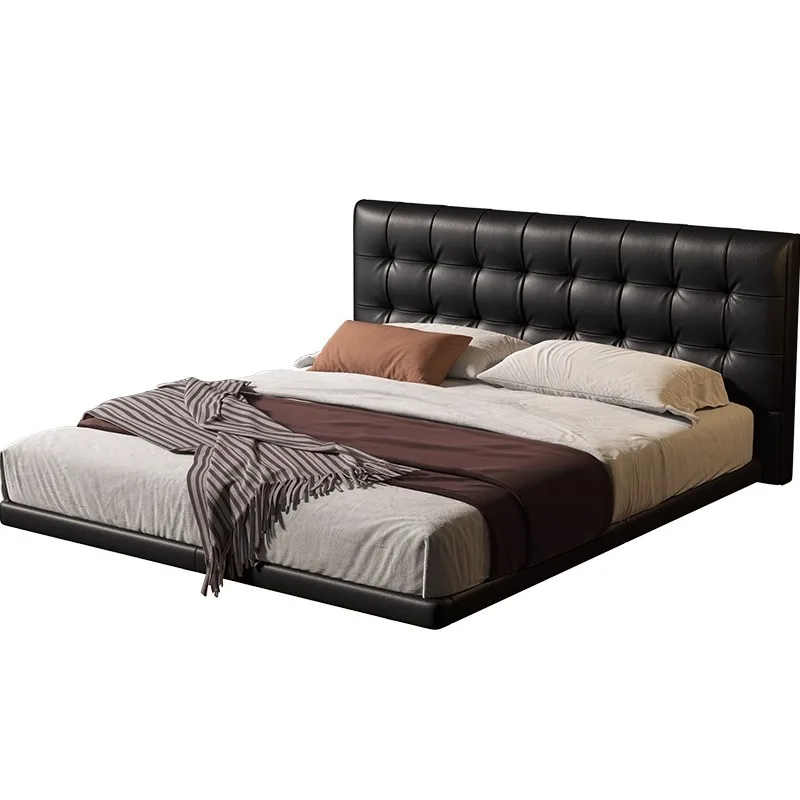 

Leather suspension bed, Italian light luxury minimalist master bedroom, black waffle, modern simple soft bag flush edge bed
