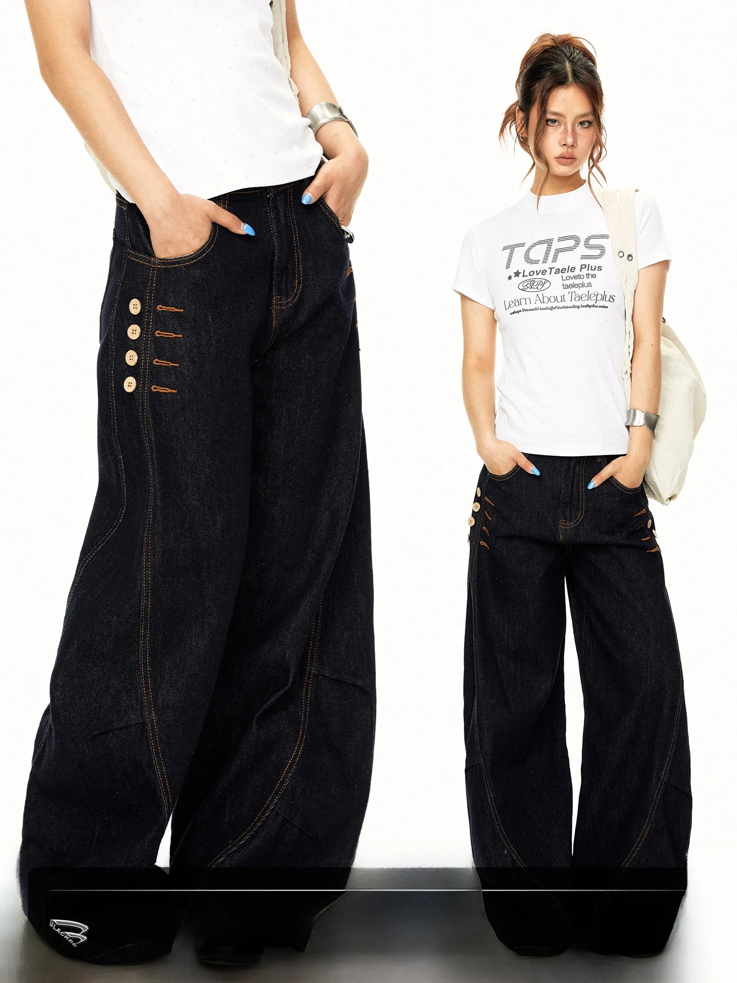 

Retro Washed Bell Bottom Wide Leg Jeans Women's Summer Loose Straight Cut Denim Pants High Street Style Casual Cotton Trousers