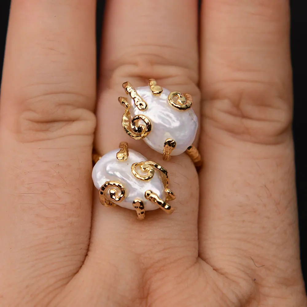 GG Cultured White Keshi Coin Pearl Adjustable Rings Gold Plated Metal Ring For Lady