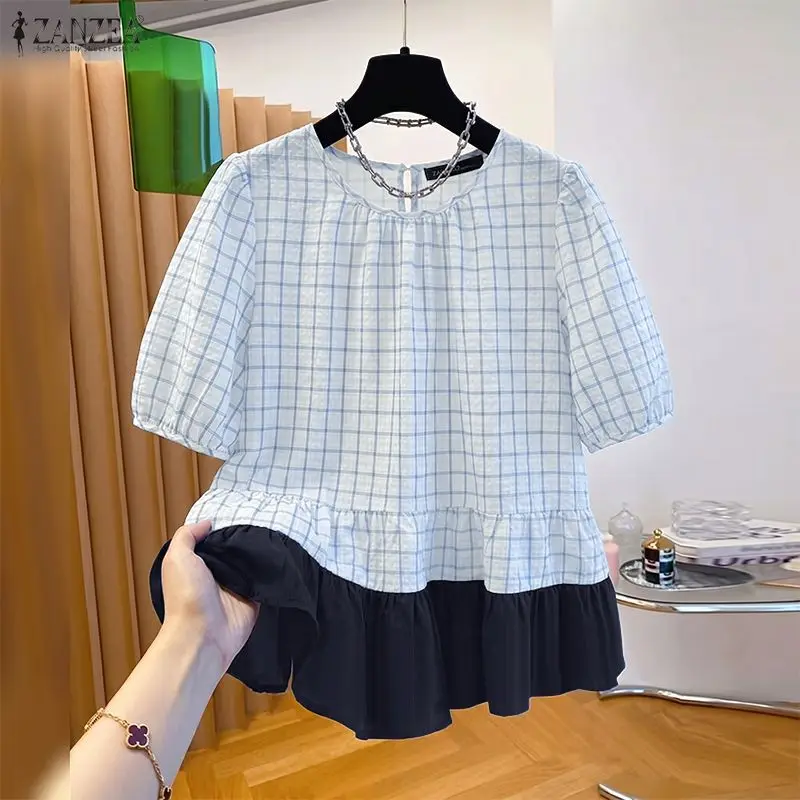 

2026 ZANZEA Woman Plaid Blouses O-Neck Short Puff Sleeve Color-Blocked Patchwork Tops Summer Casual Blusas Mujer Streetwear