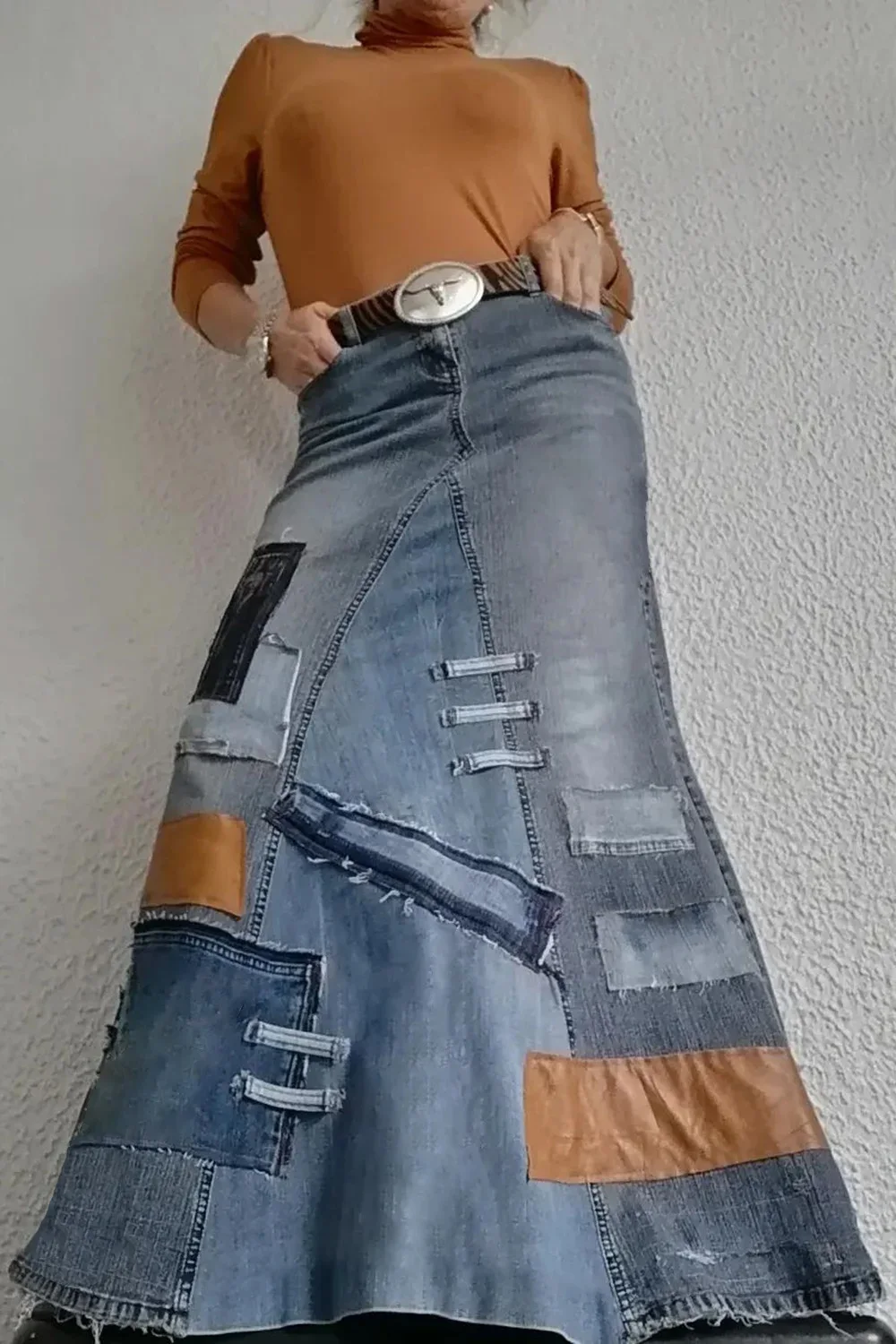 2025, neue Damen-Jeansröcke in Übergröße, täglich, Vintage-Stil, blau, Kontrast-Patch, lang