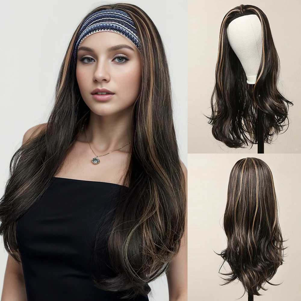 3/4 Half Headband Synthetic Wig for Women Long Wavy Brown Wigs for Women with Comb Head Cap Clip HeadBand Wigs Heat Resistant