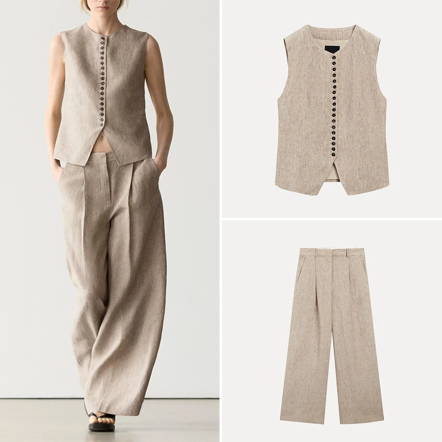 Women's Fashion Mixed Color Button Design Vest High Waist Long Pants Summer Season Two-Piece Set ZADATA Brand