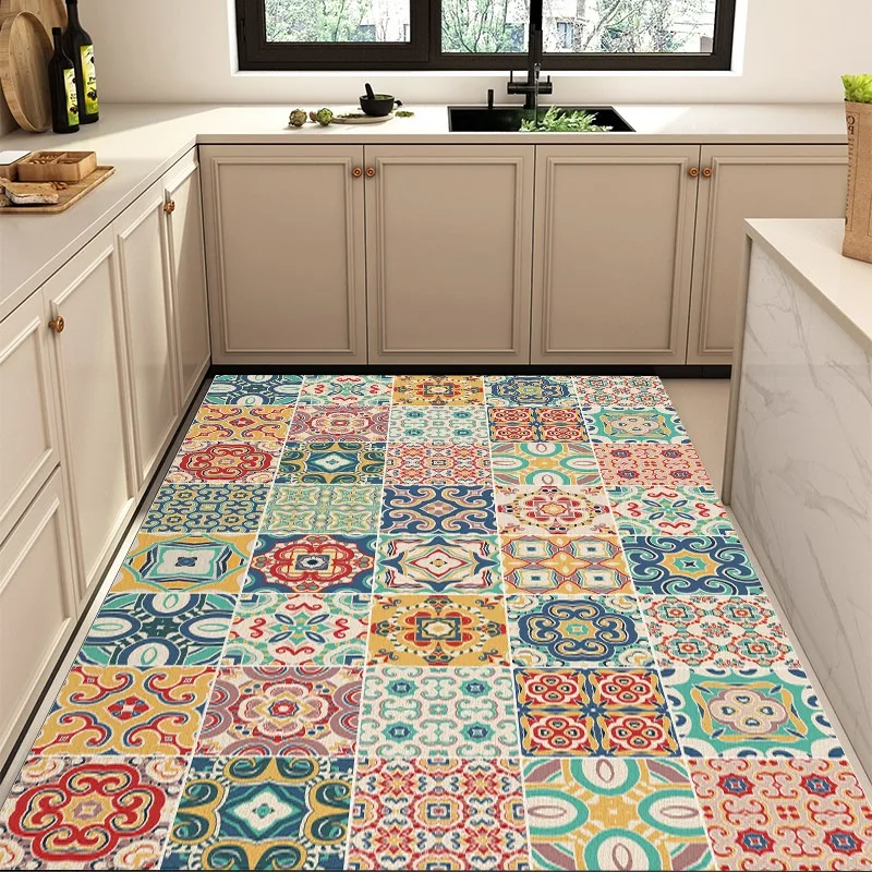 PVC Kitchen Floor Mat Waterproof Leather Rug Check Carpet Oil-proof Non-slip Long Foot Mats American Style Home Decoration Ковер