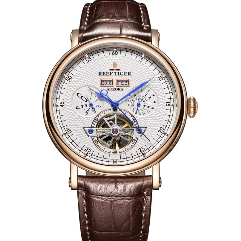 Reef Tiger Men Automatic Watch 42MM Mechanical Wristwatch Waterproof Sapphire Luminous Year Month Week Date Flywheel Dial
