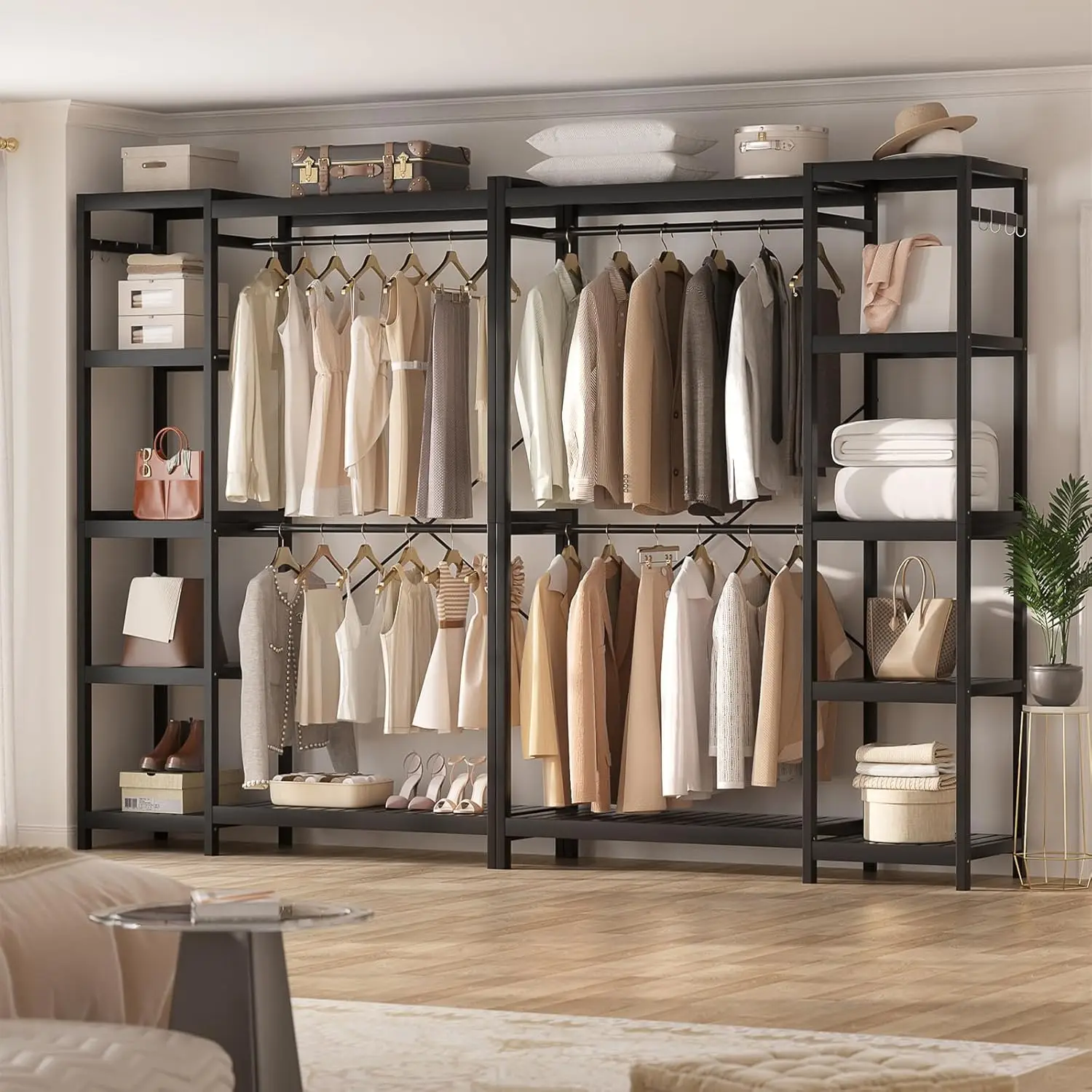 Bamboo Clothes Rack Heavy Duty 7-Tier Adjustable Shelves Double Rod 4 Hooks Freestanding Closet Organizer Wardrobe, Customized