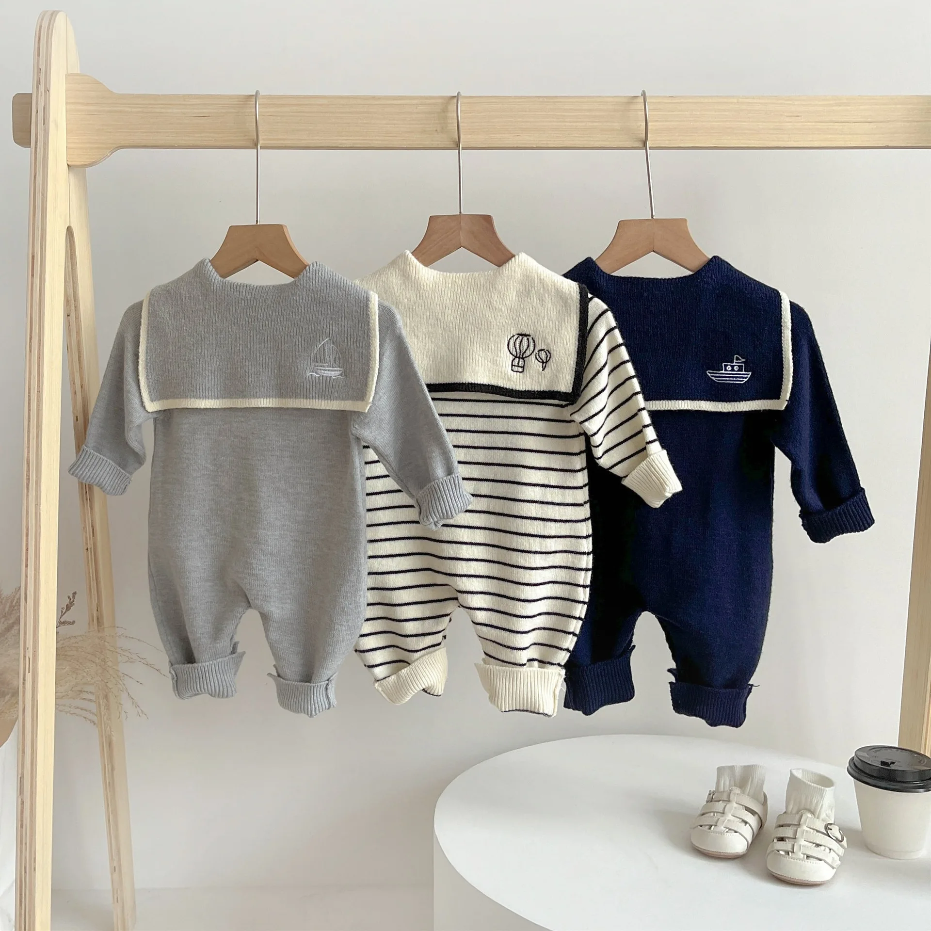 2024 Autumn New Baby Long Sleeve Knitted Romper Sailor Collar Newborn Clothes Infant Toddler Boy Girl Striped Casual Jumpsuit