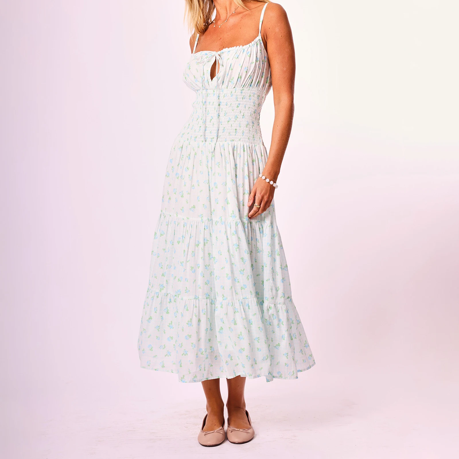 Abito lungo floreale da donna con scollo a barchetta, slim, smock, allacciatura, collo quadrato, senza maniche, a strati, con volant, per il club di feste quotidiano