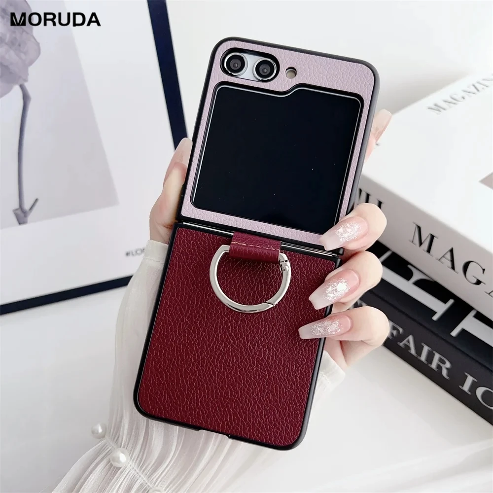 Luxury Lichee Pattern Ring Holder Case for Samsung Galaxy Z Flip 6 5 4 3 2 1 flip6 Flip5 Double Color Leather Shockproof Cover