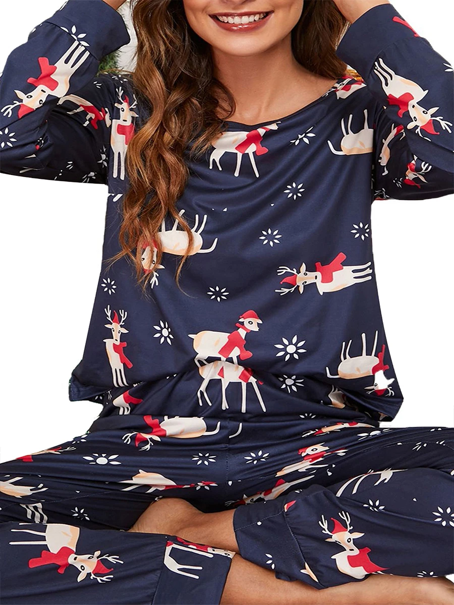 Women Christmas Pajama Set Elk Print Long Sleeve T-shirt with Pants Sleepwear Loungewear