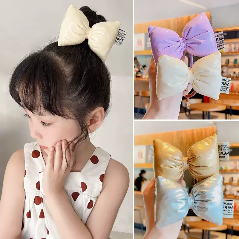 2023 New Girls Cute Bright Colorful Leather Bowknot Elastic Hair Bands Children Sweet Soft Rubber Bands Kids Hair Accessories