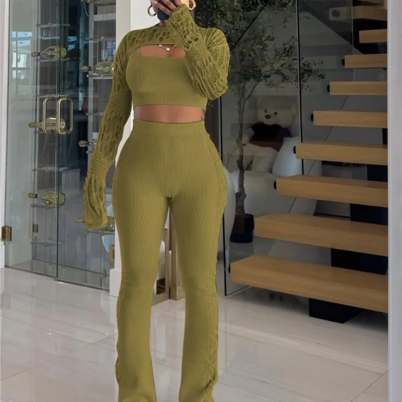 

Knit Women Hollow Out 3 Piece Set Camisole Crop Tops Long Sleeve Cover-ups + High Waist Flare Pants Fall Winter Casual Outfits