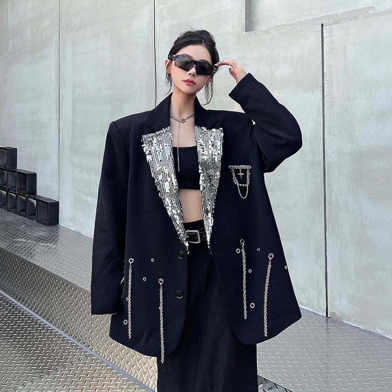 Women Black Sequin Spliced Metal Chain Blazer New Lapel Long Sleeve Jacket Fashion Tide Spring Autumn 2025 Coat Women Clothing