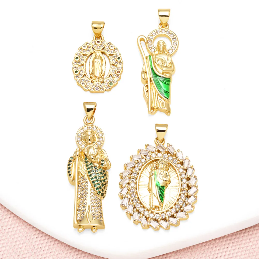 OCESRIO Green Enamel Crystal San Jadus Tadeo Pendant for Necklace Copper Gold Plated Religious Jewelry Making Component pdta470