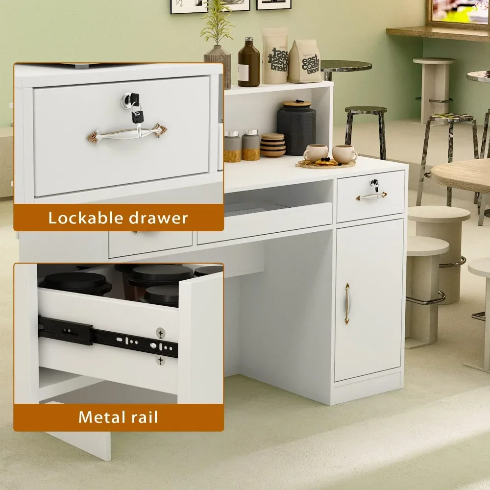 Reception Desk with Counter, Retail Counter with Lighted Display Shelf & Lockable Drawers, for Salon Reception Room Check