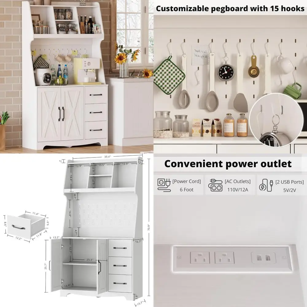 خزانة مطبخ على طراز المزرعة مع مساحة تخزين، ولوح بيجبورد، ومخرج طاقة، و3 أدراج لديكور مطبخ المزرعة الحديثة #1