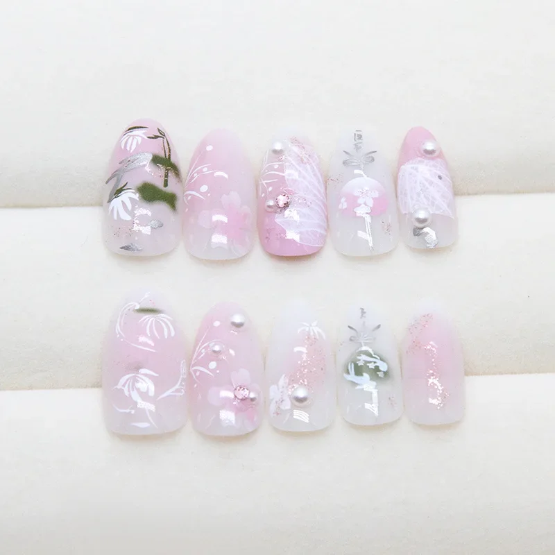 24szt Y2K Chic Press-On Nails Set - Floret & Pearl 3D Gel Design Średni migdałowy kształt z błyszczącym wykończeniem dla kobiet i dziewcząt noszonych