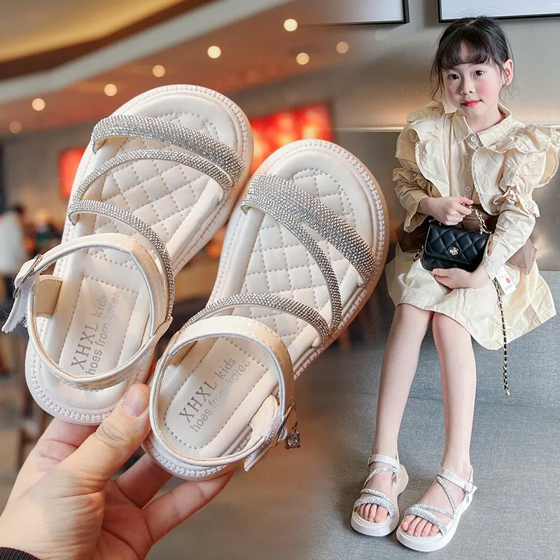 Girls Sandals 2023 Summer New Fashion Rhinestone Ankle Strap Sandal Kids Beach Shoes Children\'s Open Toe Princess Sandals H44