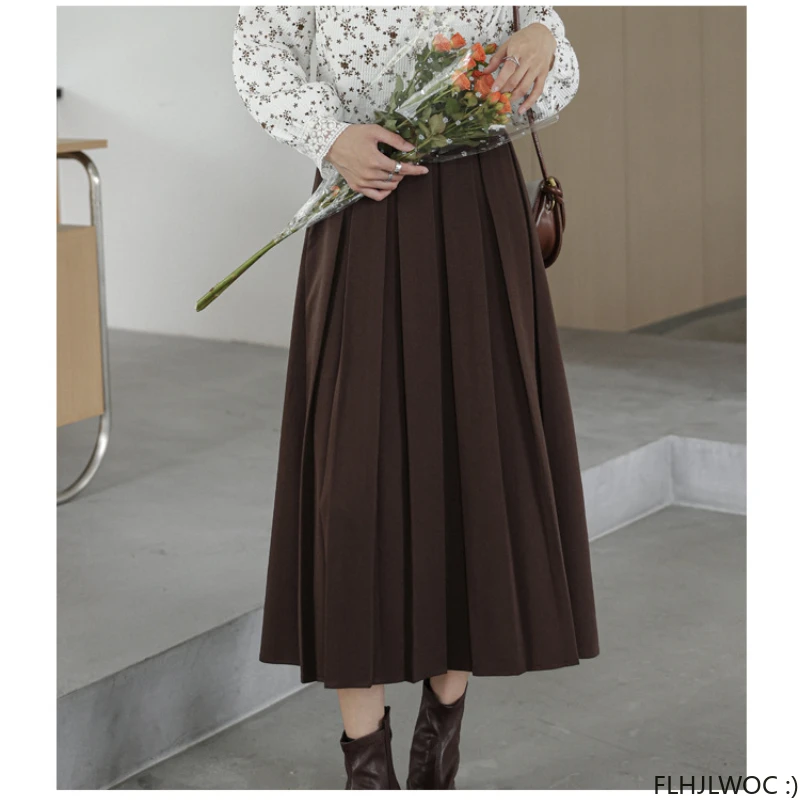 2024 Spring Autumn New Women All-Match Skirt Cute Japan Chic Korea FLHJLWOC Elastic Band High Waist Black Long Pleated Skirts