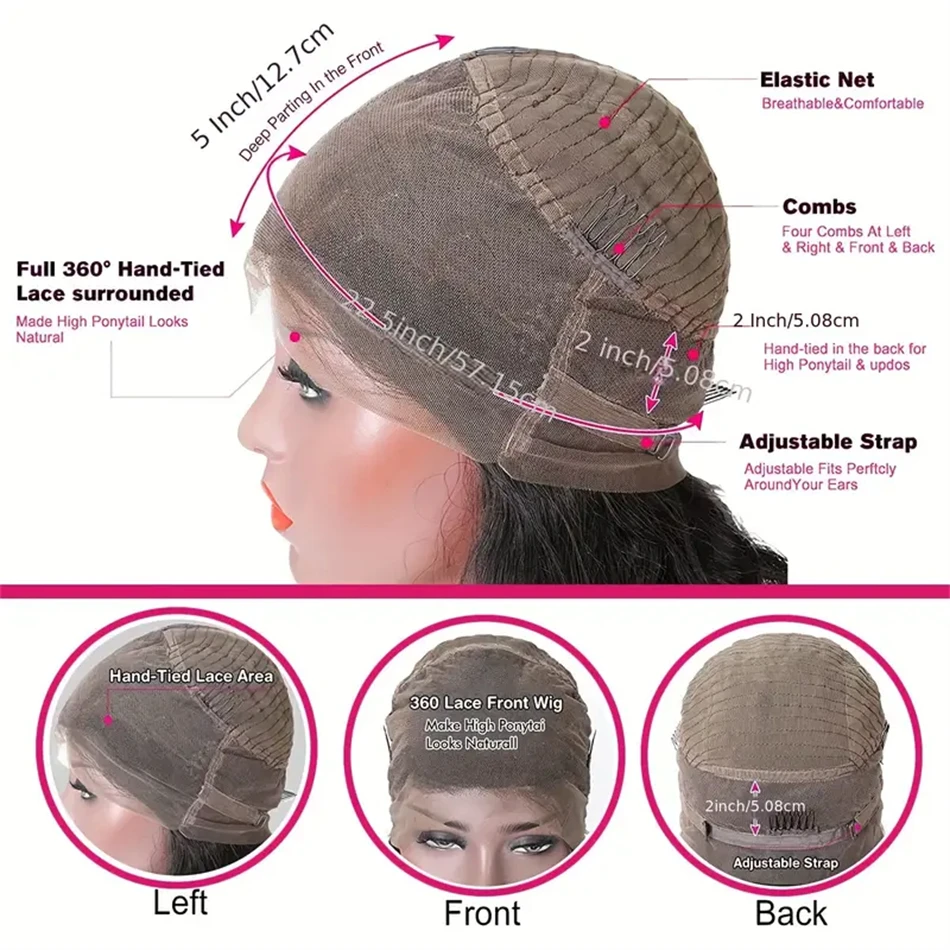 Parrucca frontale in pizzo brasiliano Remy naturale dritto 360 Densità 180% Capelli umani Parrucche in pizzo 360 Linea sottile pre-pizzicata naturale 28 pollici