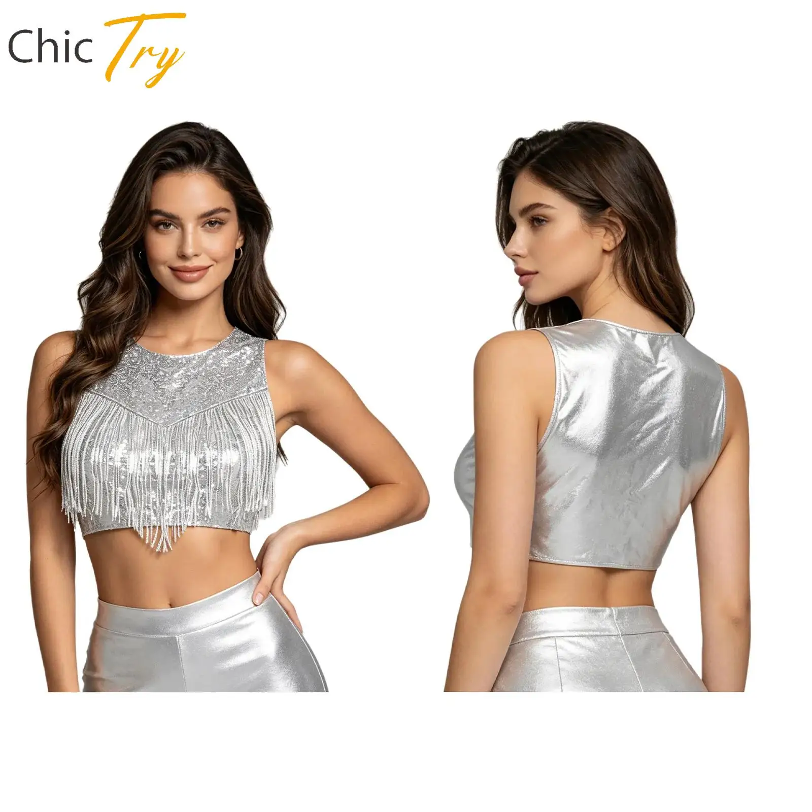 

Shiny Sequins Tops Sleeveless Tees T-shirts for Women Tassels Hip-hop Jazz Dance Crop Top Rave Party Club Festival Costume