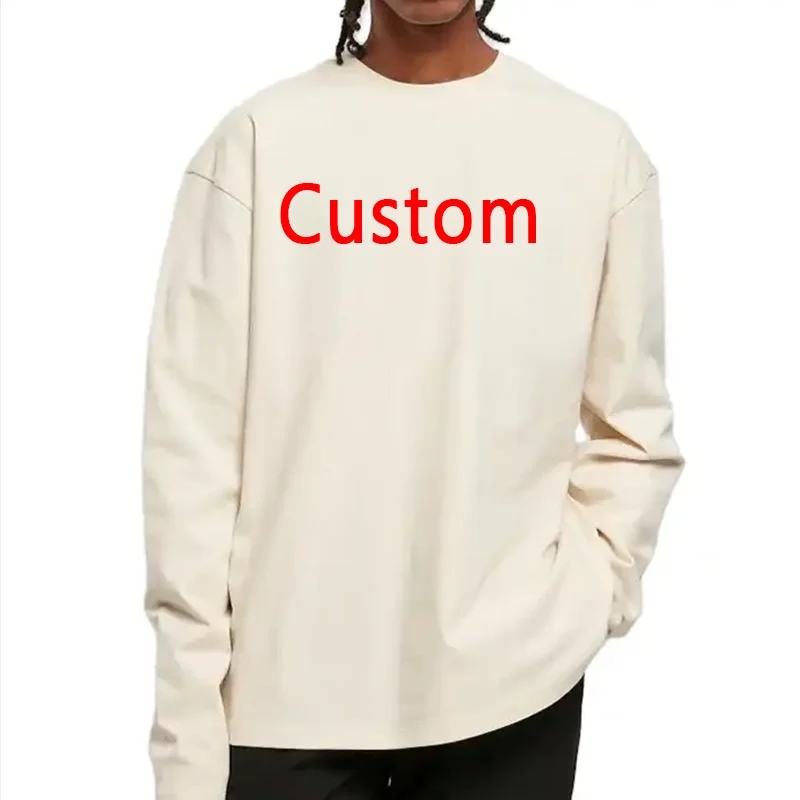 Custom DIY LOGO 230GSM 100% Cotton Oversize Men's Women T-shirt Long sleeves Pure Color Men For Winter Autumn Streetwear Tops