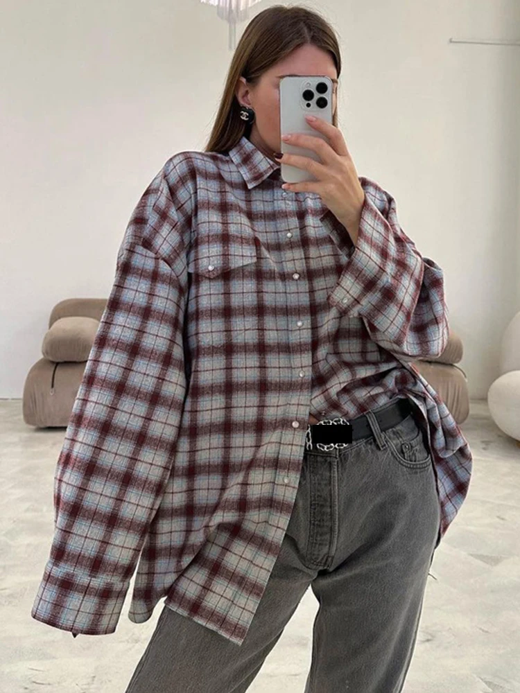 Mumaroho 2023 Women Autumn Winter Classics Vintage Oversized Plaid Shirt Flannel Long Sleeve Loose Fit Blouse For Woman