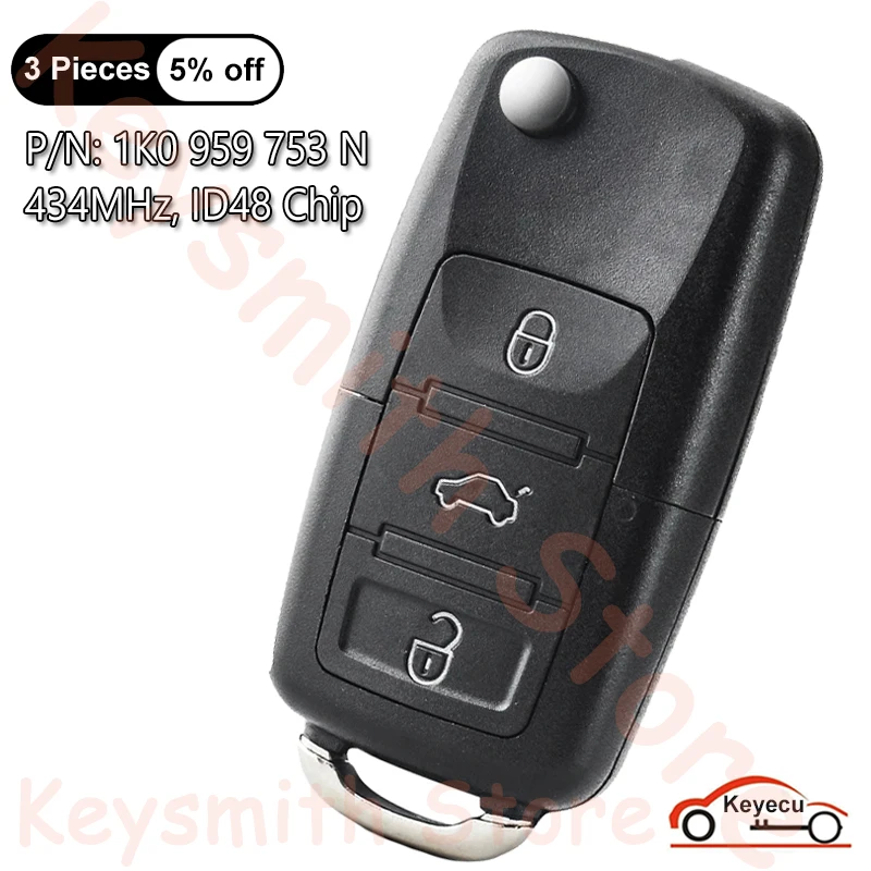 KEYECU 3 Btns 434MHz ID48 Chip 1K0959753N for Volkswagen Eos Golf Jetta Polo Altea Yeti Auto Flip Remote Key Fob 1K0 959 753 N