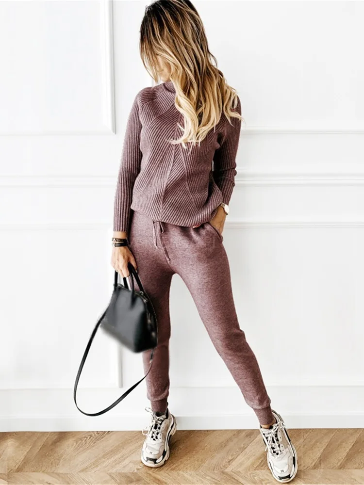 TAOVK-Women\'s Knitted Tracksuit Monochromatic Striped Turtleneck Sweater and Elastic Trousers 2-Piece Set Autumn and Winter