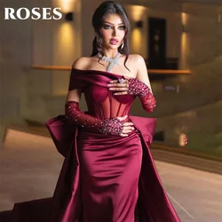 ROSES Burgundy Stain Mermaid Prom Dresses with Bow Shining Beading On Sleeve Evening Dress One Shoulder Sweetheart فساتين الحف