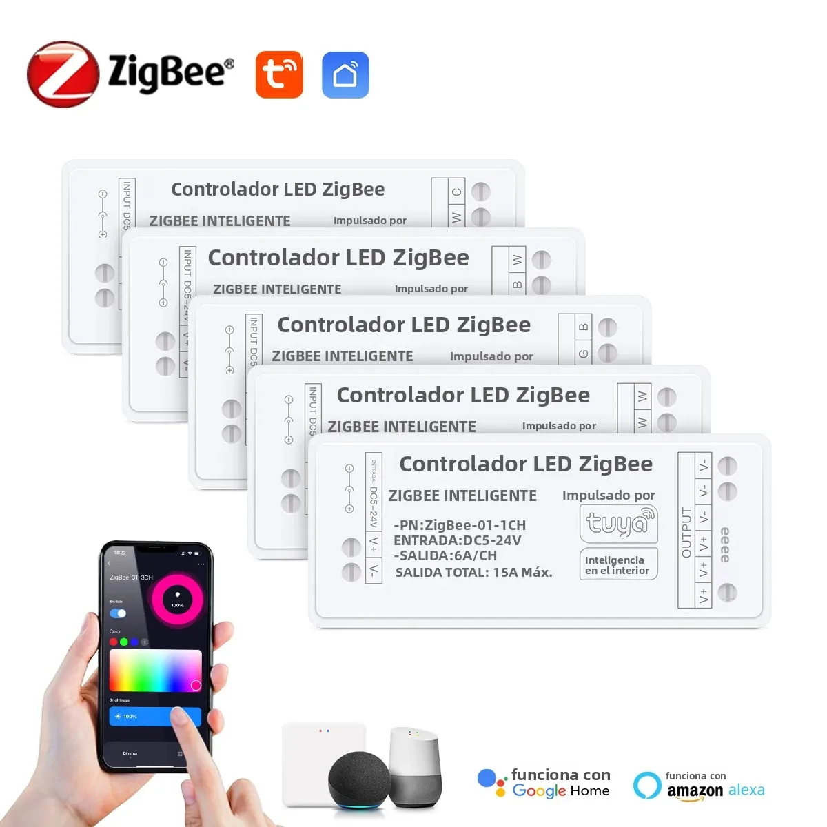 Controlador de Tira de Luces LED Zigbee 3.0 de 5-24V, Dimmer CCT RGB RGBW RGBCCT, Control por Voz, Compatible con Tuya Bridge y SmartThings Bridge