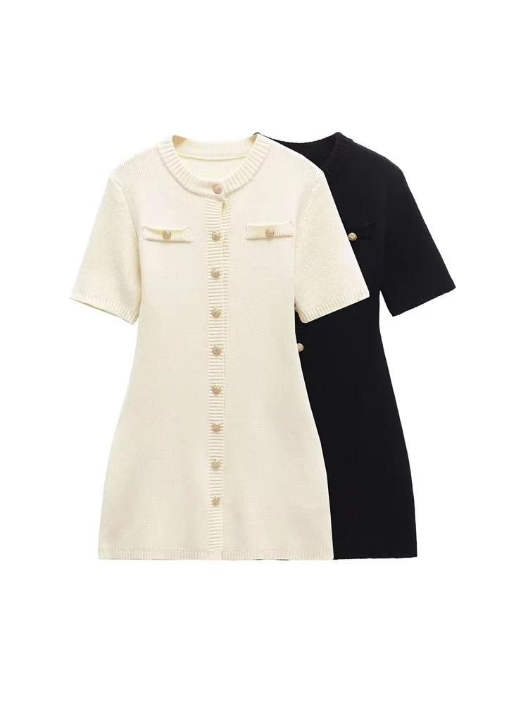 

TRZA Women Fashion Front Gold Button Knit Mini Dress O Neck Short Sleeve Female Dresses Vestidos Mujer