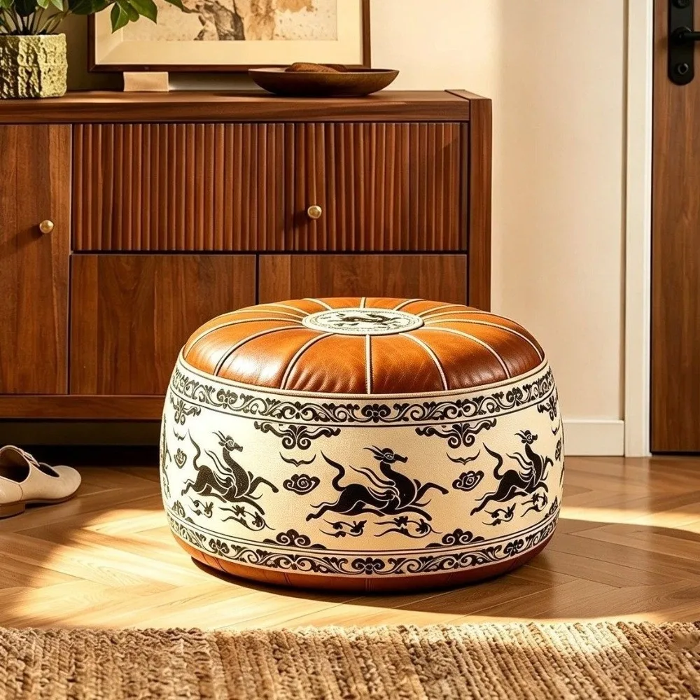 PU Leather Round Sofa Stool Cover Space-Saving Vintage Seat Cushion Cover Unfilled Foldable Storage Leg Bench Apartment