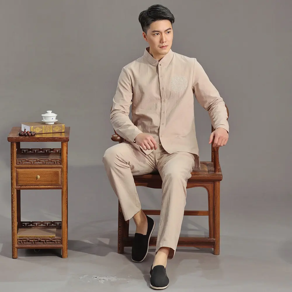 

Men Comfort Top And Pant 2 Picecs Suit Set Blue Beige White Cotton Twinset Zen Meditation Mood Costume Male Outfit 2024