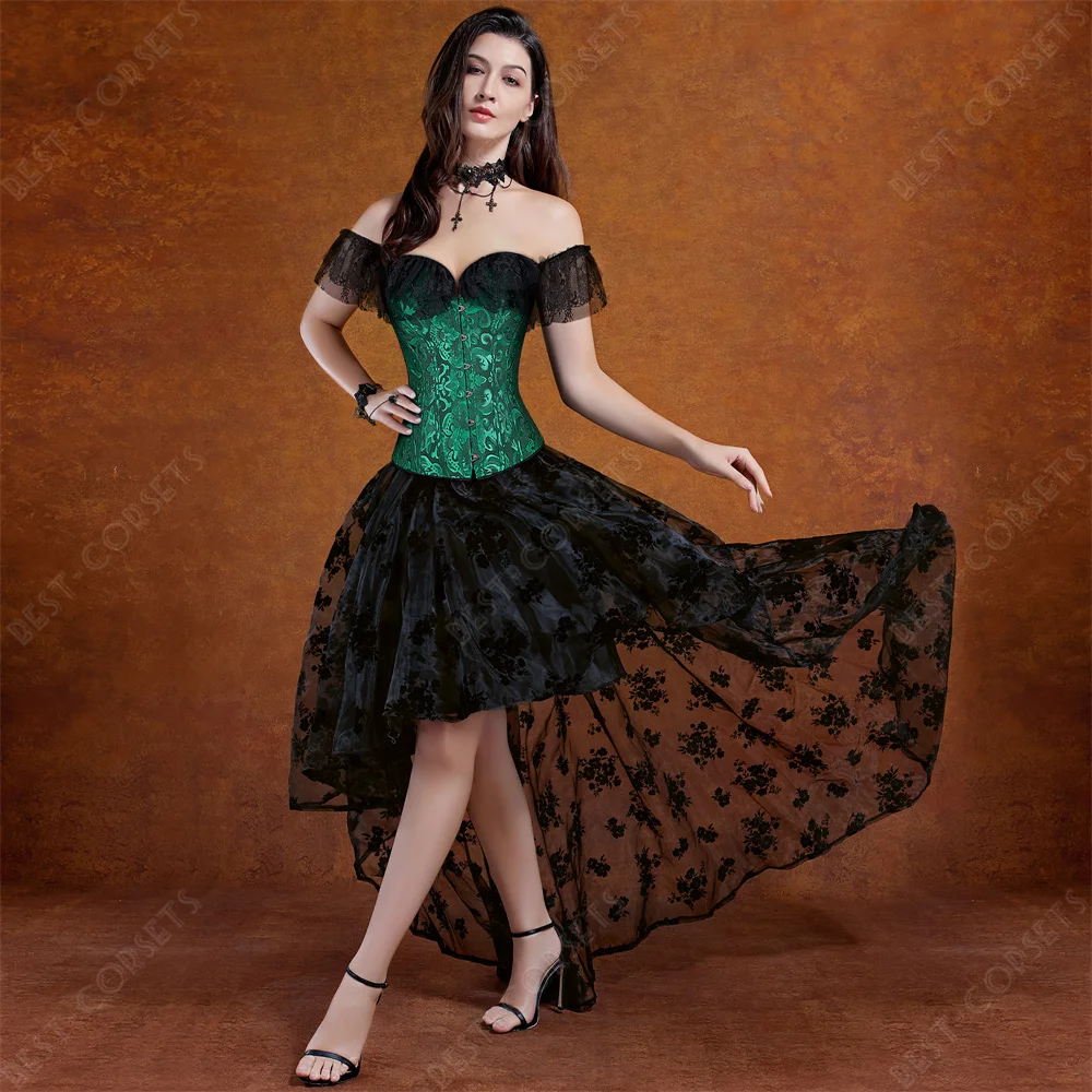 Victorian Corset Dress Costume Women Sexy Lace-Up Corset With Sleeves Floral Steampunk Corset Bustier Dress Plus Size