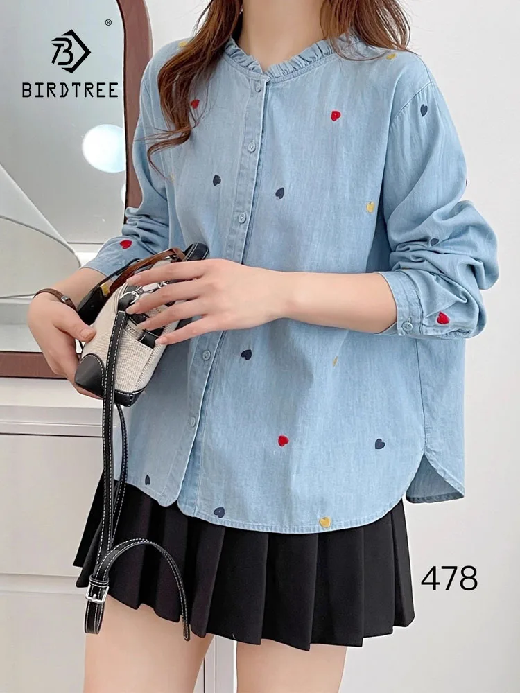 

New 2025 Autumn Long Sleeve Denim Shirt, Women Ruffled Cute Embroidery, Mori Girl Fashion Age Reduction Loose Blouse T58553CC